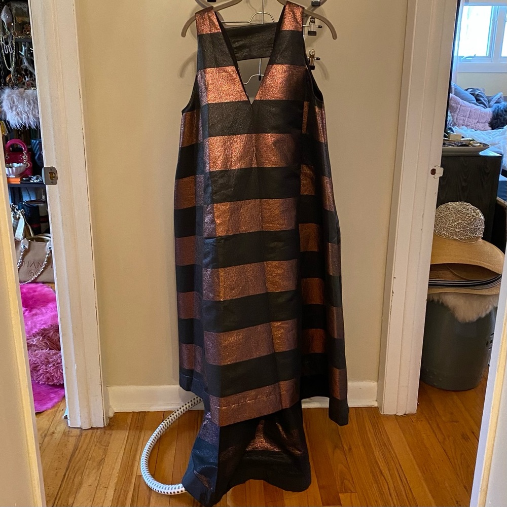 ASOS copper and black striped high low evening dress